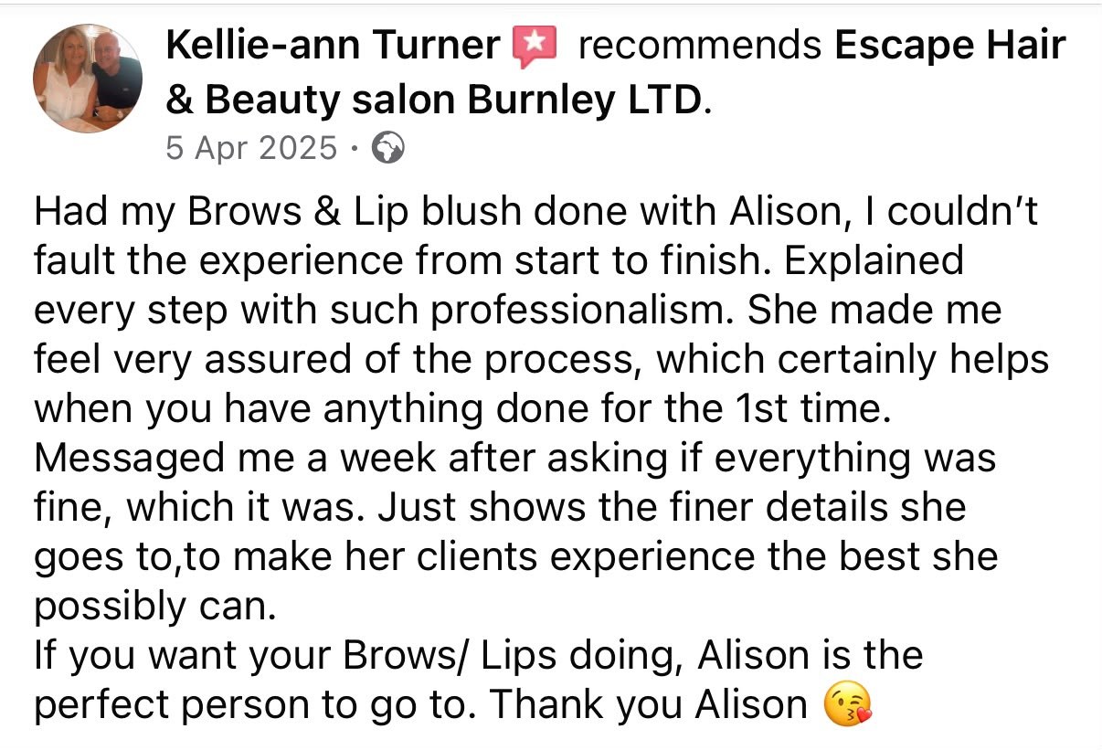 Facebook recommendation from Kellie-ann Turner, 5 April 2025, about brows and lip blush